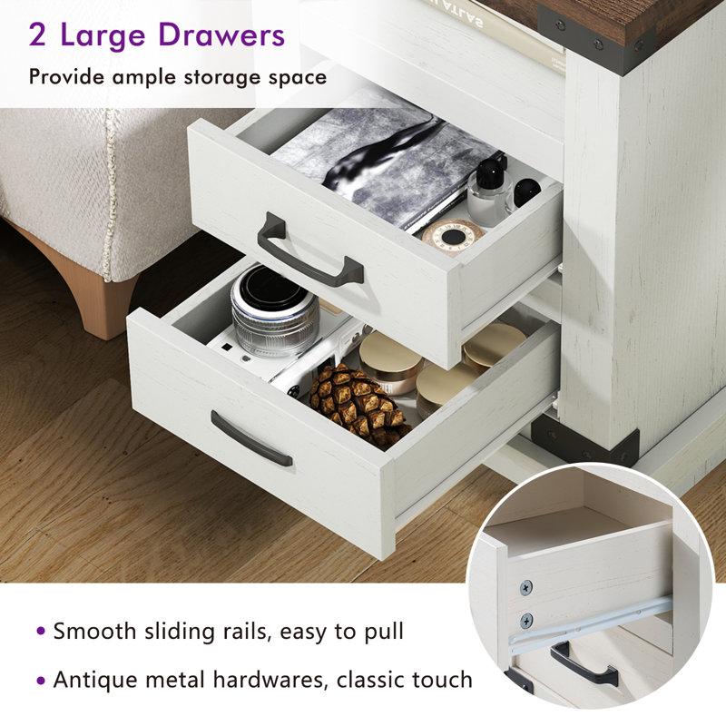 Quan Farmhouse Nightstand With Charging Station, White, White/Brown, 1