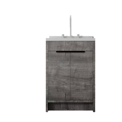 Meuble-lavabo autoportant de 24 po avec lavabo, porte à fermeture en douceur, comptoir et dosseret en marbre de culture blanc de 2 po Carrara, contreplaqué, gris