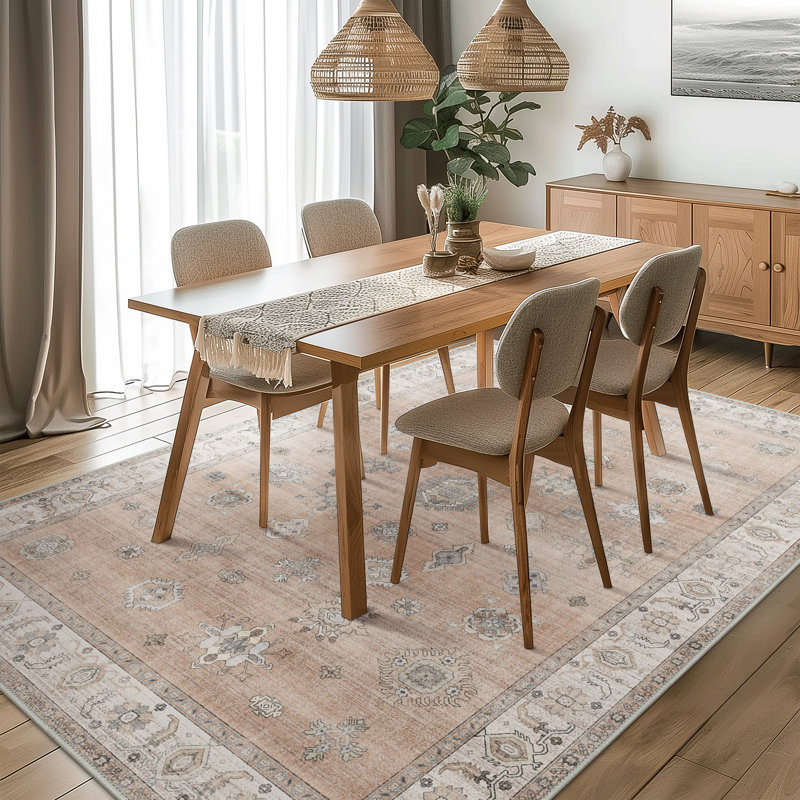 Tapis oriental lavable antidérapant oriental rose / beige, Rectangle 5 pi x 7 pi