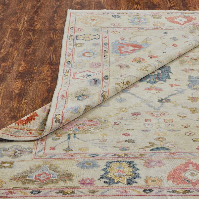Galena Hand Knotted Wool Oriental Area Rug in Cream; Blue; Vintage Linen; Rose, Rectangle 10' x 14'