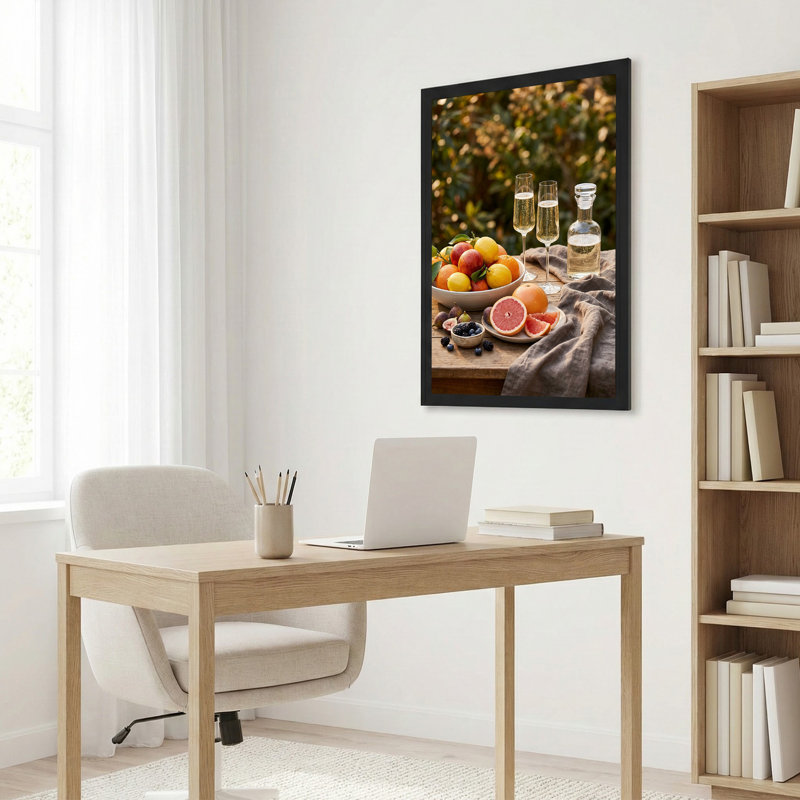 «Citrus Fruit Bowl and Champagne Flutes on Wooden Table», art mural sur toile, H 24 po x l 16 po