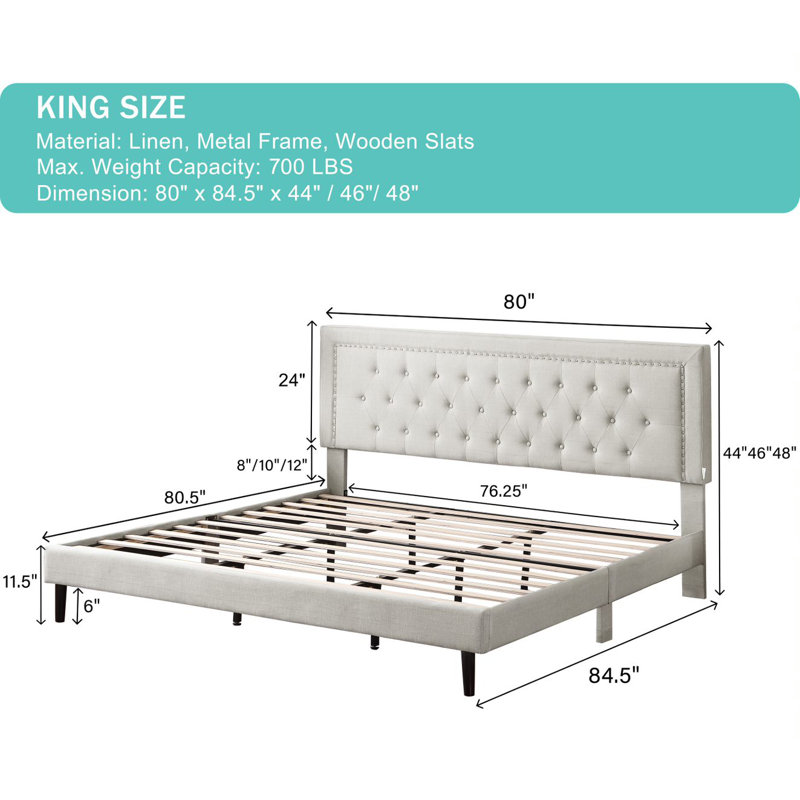 Cianciolo Upholstered Wingback Bed, Beige, King