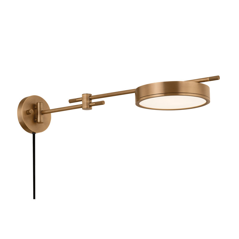 Patina Brass Swing Arm Plug-In Wall Sconce with White Linen Shade