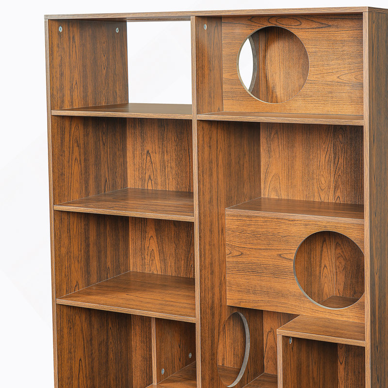 Bibliothèque pour chat moderne 2 en 1, étagère à chat avec rangement, litière pour chat et tablette d'escalade - Brun