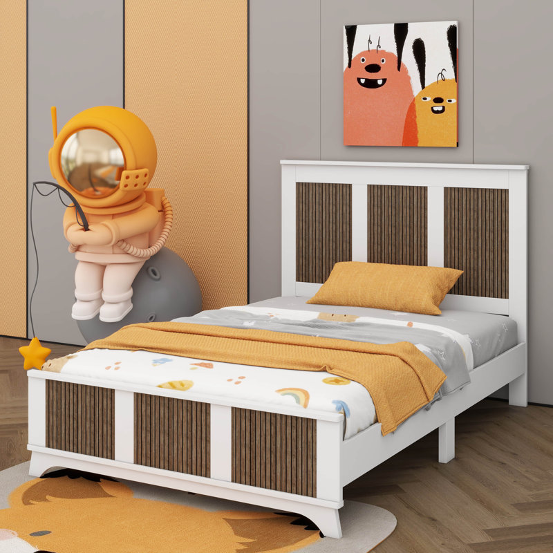 Lit plateforme contemporain en bois de style campagnard avec bandes décoratives en bois, Lit double, Blanc