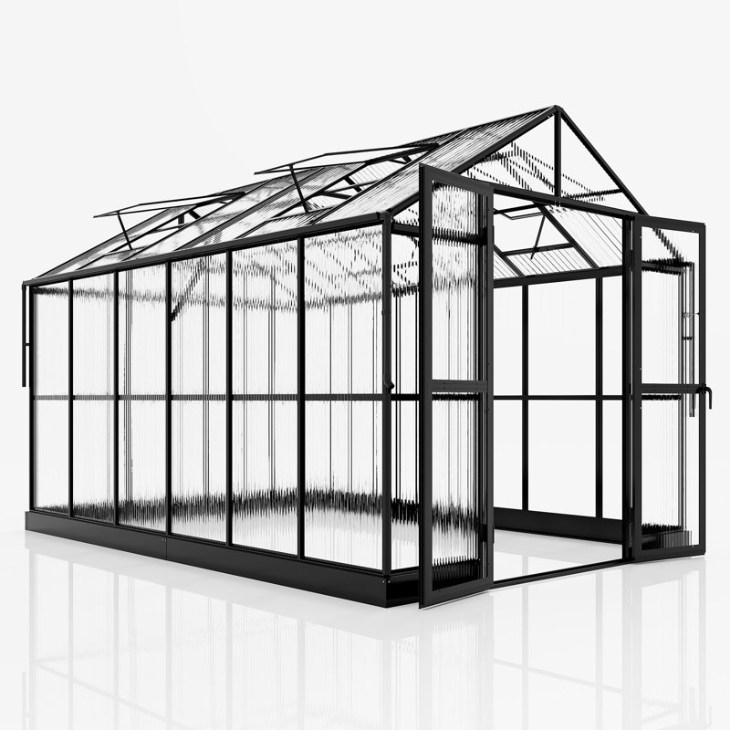  Serre de Grower's Haven AMERLIFE - Serre d'extérieur en polycarbonate d'aluminium avec ventilation et gouttière, portes doubles avec crochet, serre pour l'extérieur, la cour et le jardin