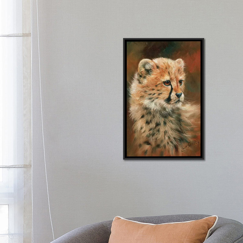 « guépard cub », impression sur toile, H 26 po x l 18 po x P 1,5 po, Toile avec cadre noir, Pas de tapis