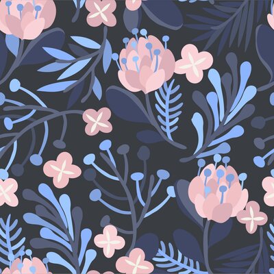 Dark Blue Wallpaper With Pink Flowers 10.4' L x 25"" W Wallpaper Panel -  Red Barrel Studio®, 55A0915F5CA64DCA9A0535413420891D