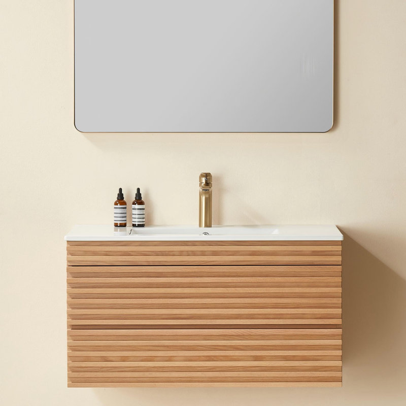 Meuble-lavabo simple mural en noyer naturel avec lavabo en céramique, 36"