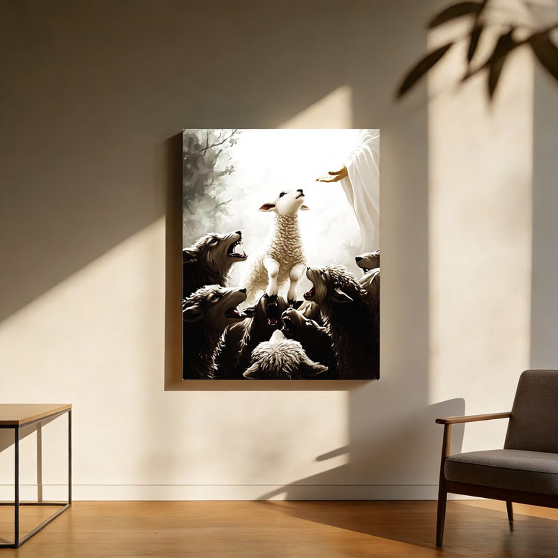 Jesus And Lamb Saves Lost Lambs Shepherd Protect A Lamb From Wolves, Built-In Back Wood Frame, 20 X 30 Inch