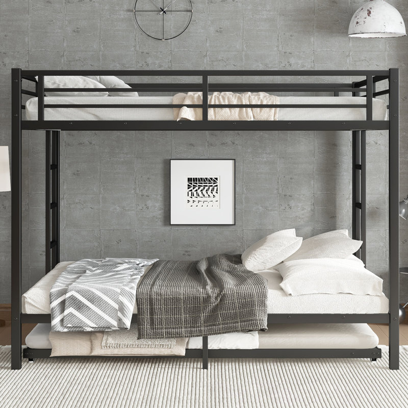 Queen Over Queen Bunk Bed With Trundle, Metal Bunk Bed Frame With Ladder And Guardrail Bunk Beds For Kids, Boys, Girls, Teens, Space-saving And Noise-free, Black