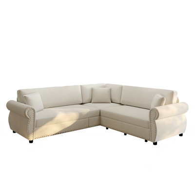 88.2" L-Shaped Chenille Sleeper Sofa Couch With Pull-Out Queen Bed, Nailhead Trim & Rolled Arms - 5-Seater Convertible Sectional For Living Room, Apartment & Office，Beige