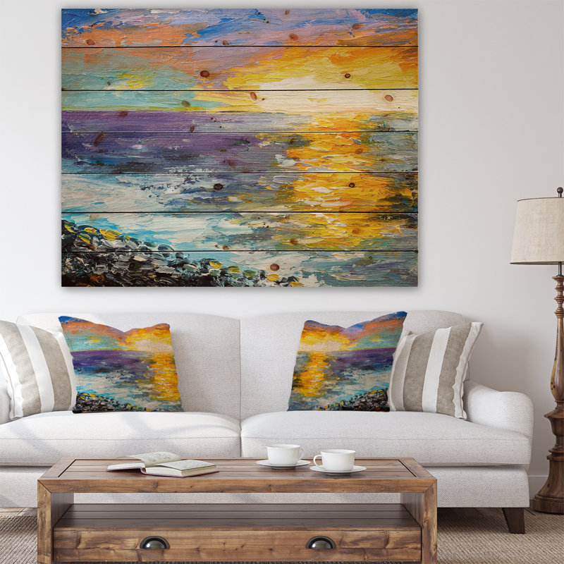 « coucher de soleil sur la côte », peinture, Bois, H 30 po x l 40 po x P 1,5 po