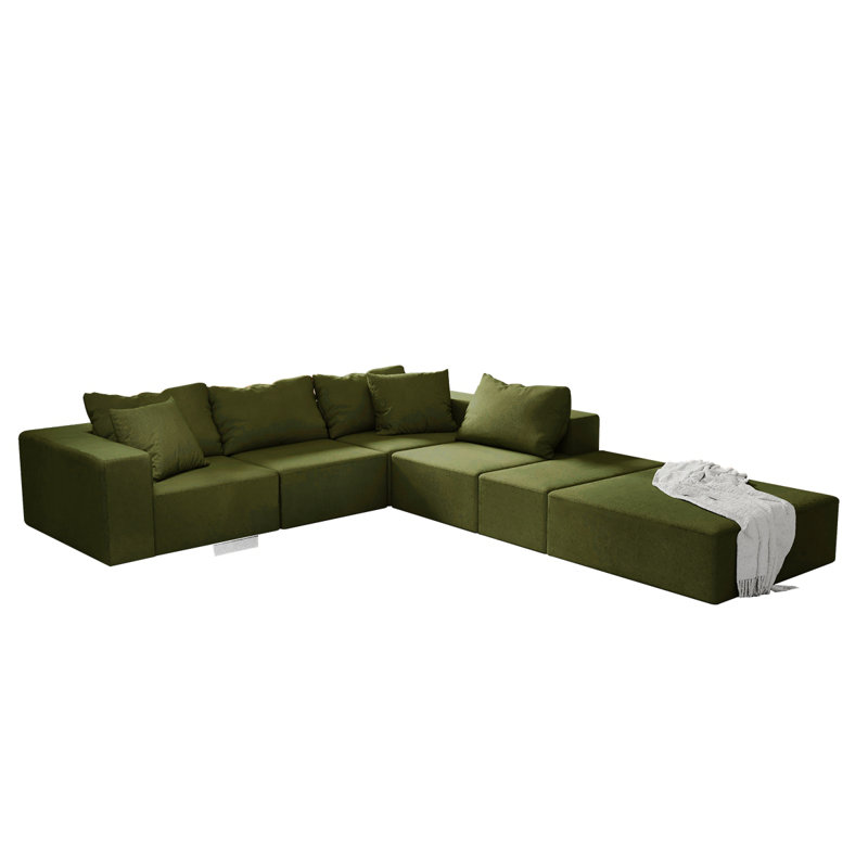 Ensemble de canapé modulaire rembourré moderne, canapé modulaire en forme de L de 132 po avec 6 oreillers, Vert