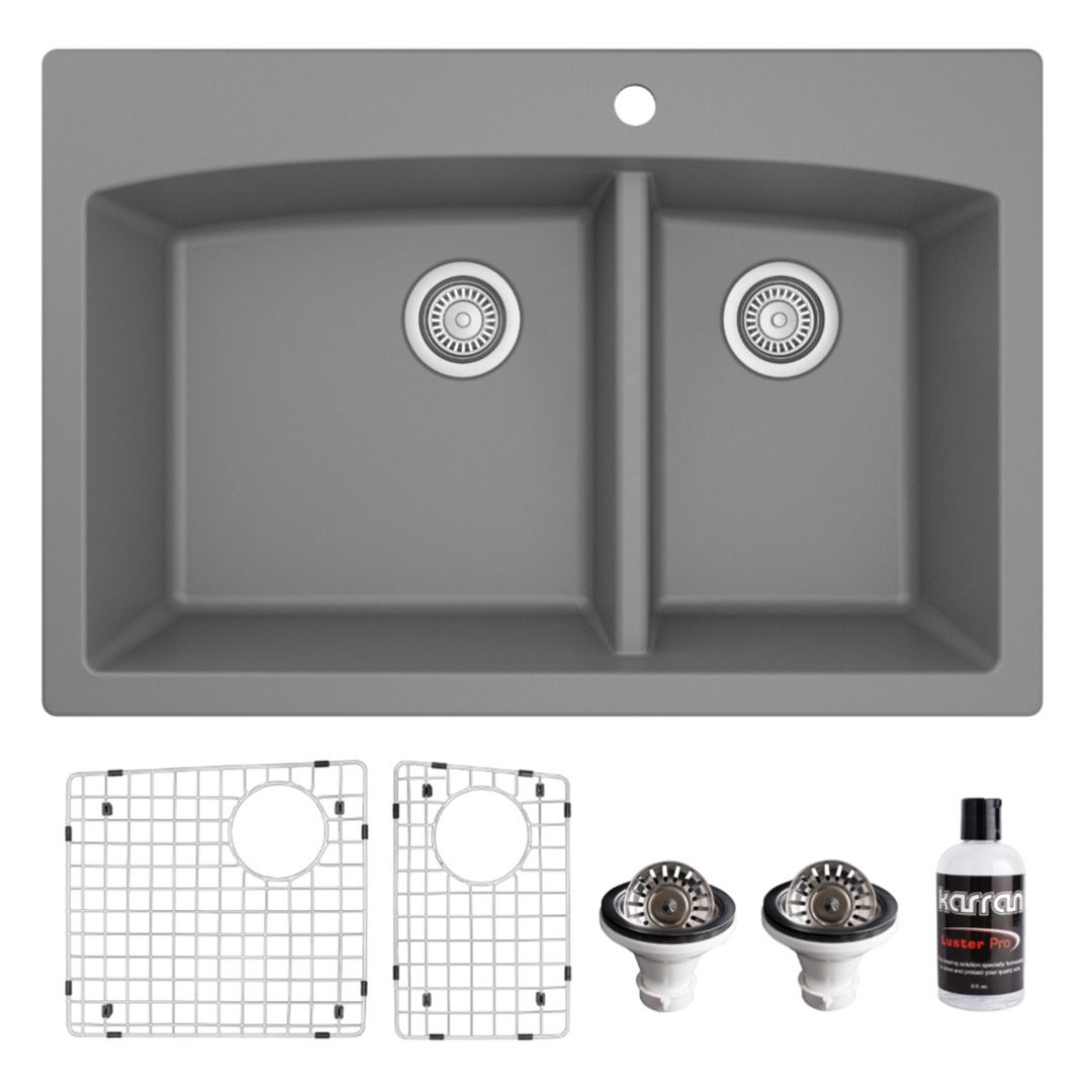 Karran Quartz 33'' X 22'' Double Bowl 60/40 Top Mount Drop-in Kitchen Sink Kit Karran 