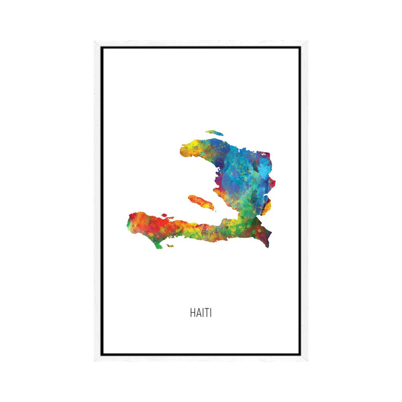 Haiti Map by Michael Tompsett - Print on Canvas, 152.4cm H x 101.6cm W x 3.81cm D, White Floater Framed