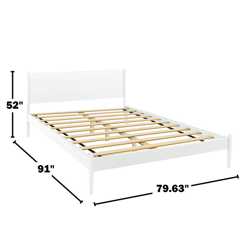 Très grand lit plateforme Mid-Century moderne au fini blanc, aucun sommier tapissier requis, pieds fuselés ronds, ensemble de lattes pour le soutien de la chambre à coucher et confort d'air