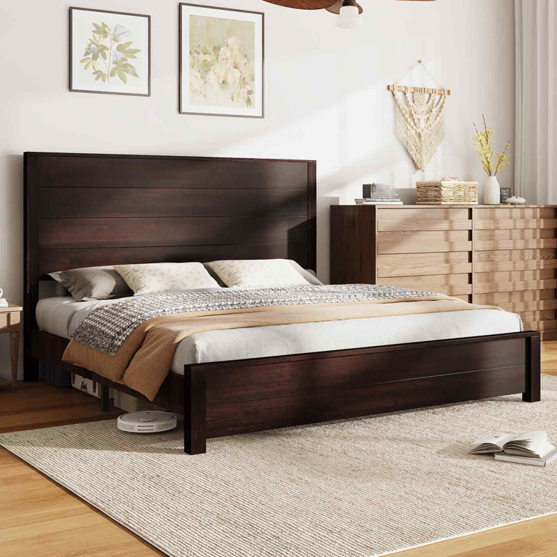 Base de lit en bois massif 51,2 po, lit plateforme rustique avec tête de lit épissée, Très grand, Brun foncé