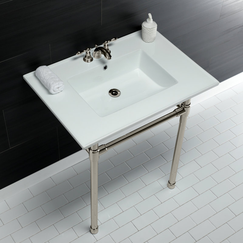 Kingston Brass Dreyfuss 31-Inch Ceramic Console Sink with Stainless Steel Legs, Polished Nickel, 4" Centers
