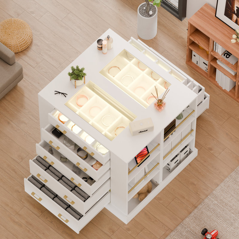 Commode à 5 tiroirs blanche avec rangement en verre et éclairage à DEL