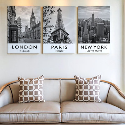 3 pièces d'art mural grand paysage urbain noir et blanc: Horizons emblématiques de Londres, trois pièces d'art mural pour le salon, la chambre à coucher, le bureau et la décoration intérieure