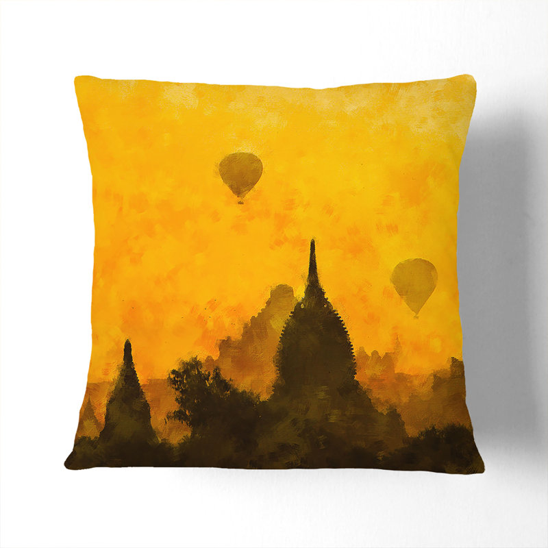 Hot Air Balloons over Old Bagan Painting Cushion with Filling, Black, 40cm H x 40cm W x 15cm D
