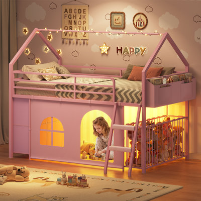Lit mezzanine simple avec 6 tiroirs et rangement pour animaux en peluche, lit maison avec lumières à DEL, garde-corps de sécurité et échelle inclinée, sans boîte