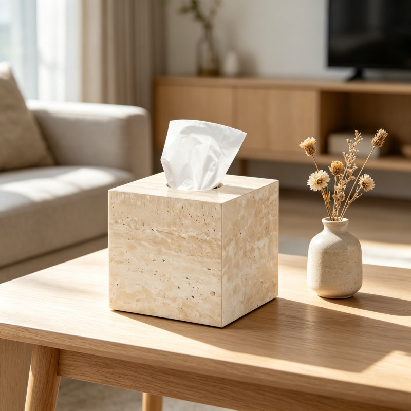 Couvercle de support de boîte à mouchoirs en marbre de travertin naturel, boîte à mouchoirs cubique carrée avec fond ouvert pour meuble-lavabo, commode de chambre à coucher, comptoir de cuisine, beige