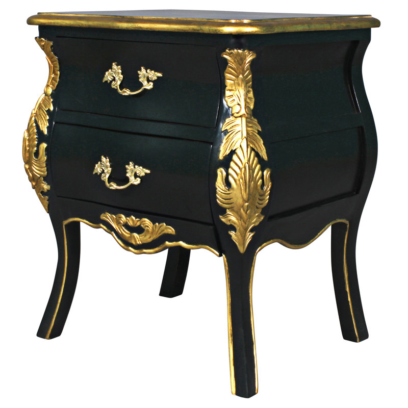 Table de chevet 2 tiroirs en bois massif noir / or Saint-Honore