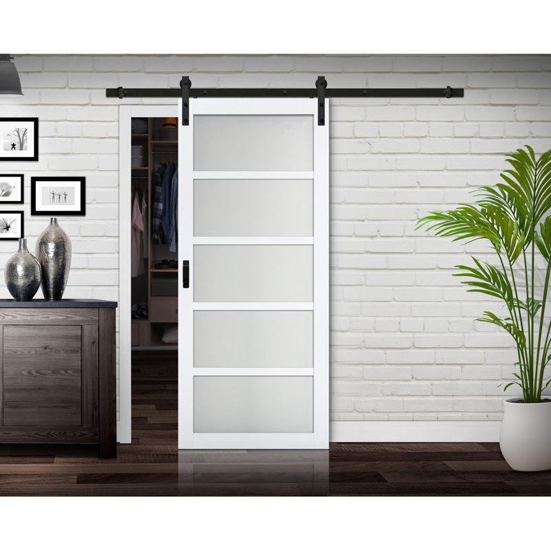 White 36" 5-Lite Frosted Glass and Wood Barn Door
