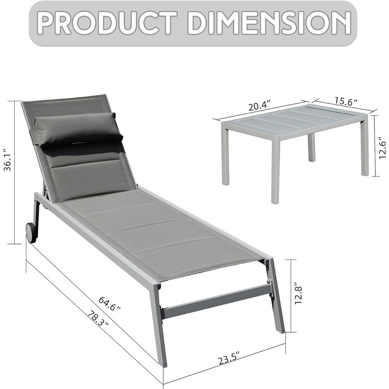 3 fauteuils inclinables d'extérieur pour la piscine: chaises en aluminium avec coussin. Table d'appoint et roulettes, fauteuil inclinable réglable. Résistant aux intempéries, gris pour la plage, cour, rembourrage de salon de balcon. Au bord de la piscine, dans la cour