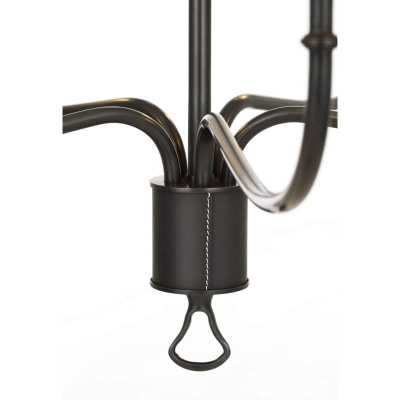 Griffin 31" Chandelier with Linen Shades, Bronze/ Chocolate Leather