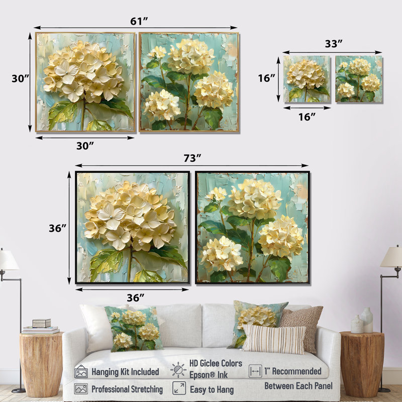 Vintage rétro hortensia beige «Blooms I» - art mural hortensia - ensemble d'art mural traditionnel 2 pièces, Brun