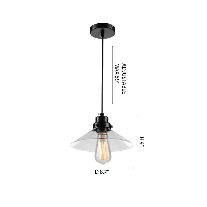 Luminaire suspendu 1 lumière noir avec abat-jour en verre transparent