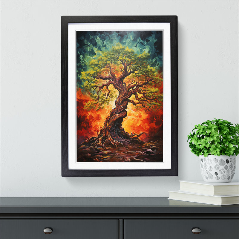 Oak Tree Action Painting - Single Picture Frame Print on Wood, Black Framed, 64cm H x 46cm W x 2cm D
