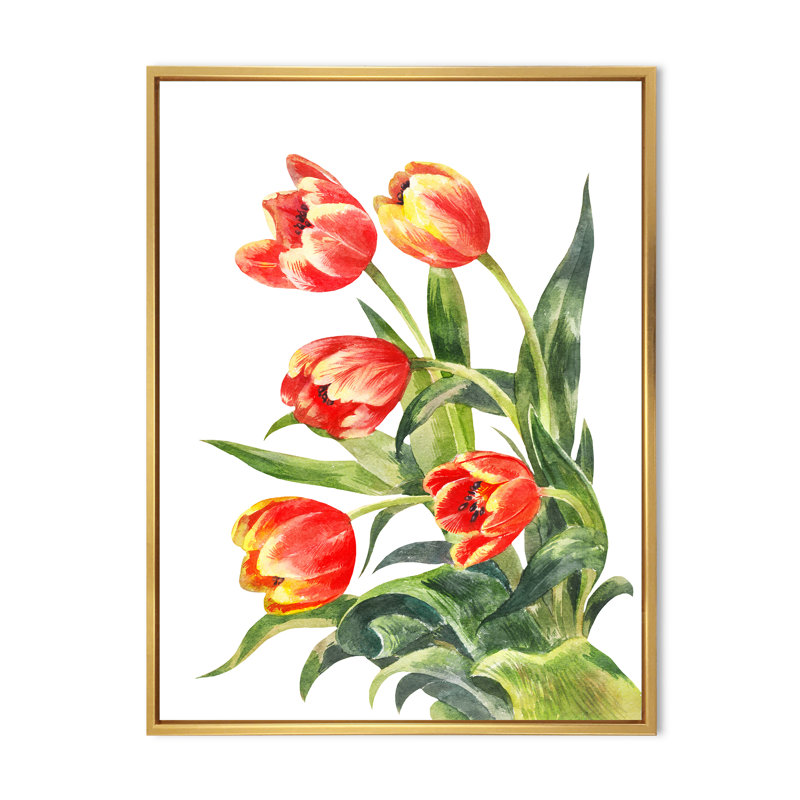 Bouquet de tulipes rouges en fleurs - œuvre d'art traditionnelle sur toile, H 32 po x l 16 po x P 1 po, Cadre flottant doré