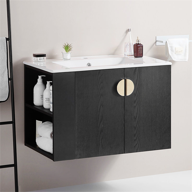 Ensemble de meuble-lavabo 30 po avec lavabo, avec deux portes et ensemble de meuble-lavabo avec tablette de rangement ouverte à gauche, bois massif, sans les robinets