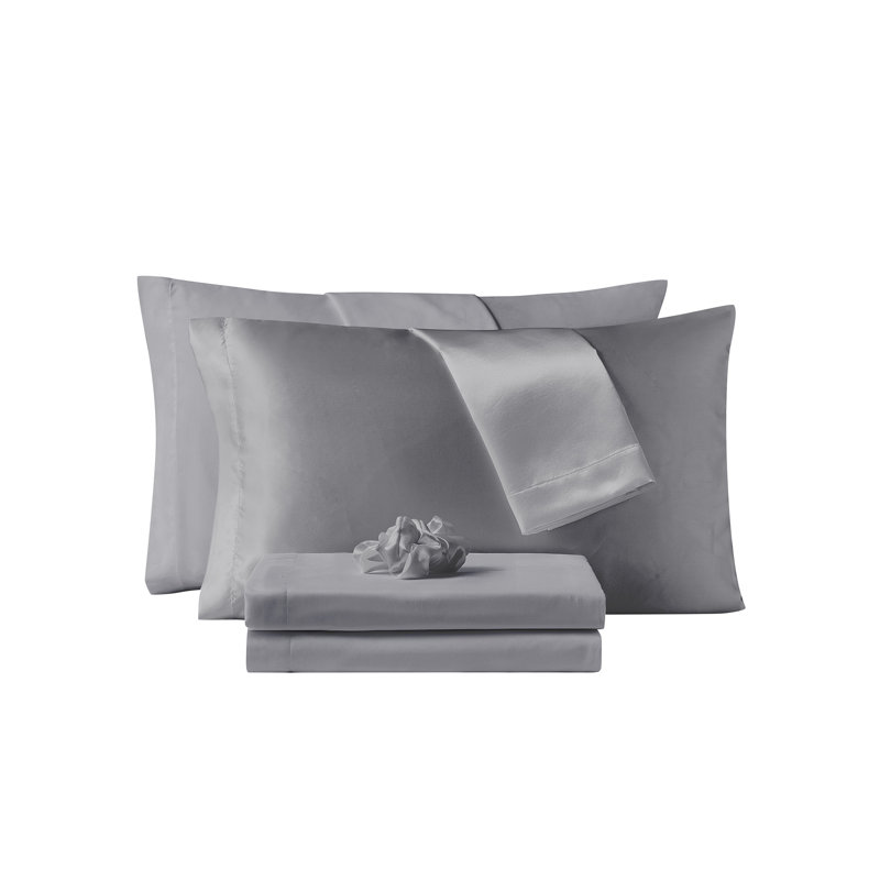 7 Piece Sheet Set with Satin Accessories, Silver, King