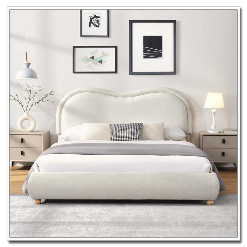 Grand lit plateforme tapissier avec tête de lit courbée et tissu en chenille, aucun sommier nécessaire, Grand lit