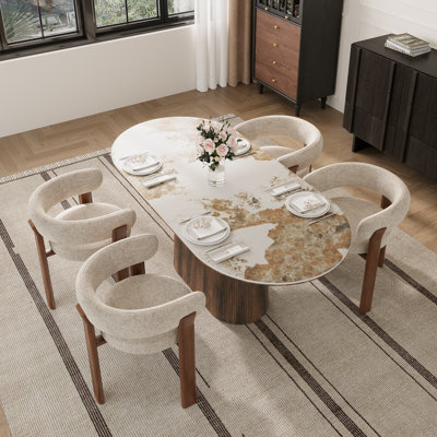 Adwin 4-Person Dining Table Set with Boucle Upholstered Arm Chairs
