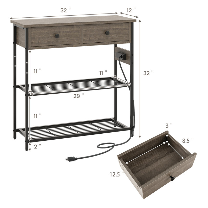 Console avec prises, table de vestibule avec ports USB, table de canapé étroite, table de vestibule, Gris