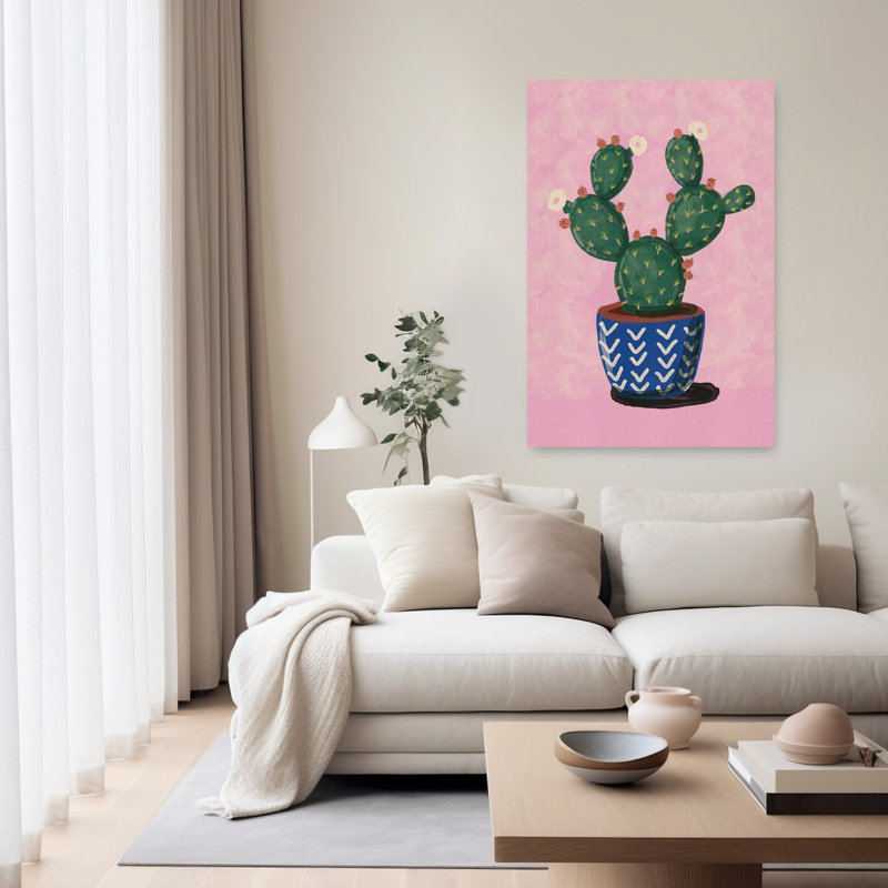 Potted Cactus Bloom Modern Vibrant Abstract Cactus Plant Succulent Flower Nature Wall Art Print by Nicholas - Wrapped Canvas Print
