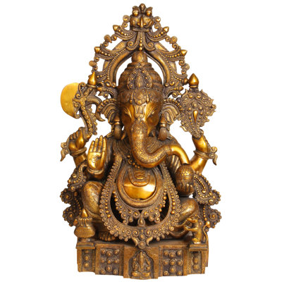 23" Heavily Ornamented Lord Ganesha Brass Statue - Handcrafted Indian Royal Temple Sculpture for Grand Home Temple, Living Room & Luxury Spiritual Decor