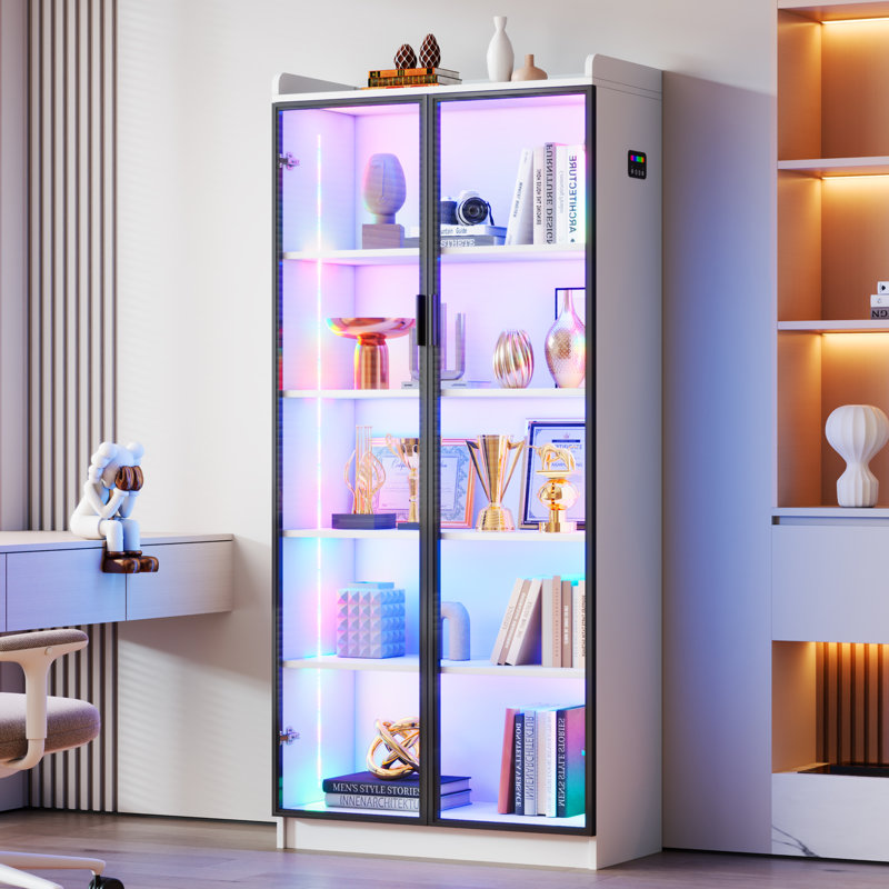 Vitrine H 65 po avec portes en verre et lumière RVB, Blanc