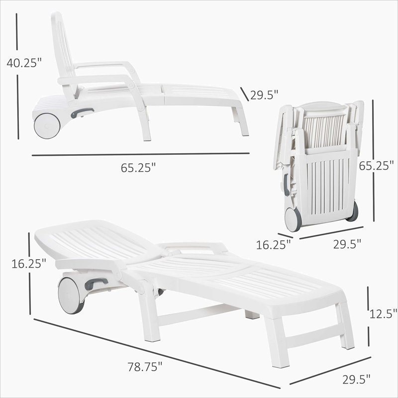Outsunny Outdoor Chaise Lounge Chair With Storage, Waterproof, Quick Assembly, Folding Design, 5 Level Adjustable Backrest, White