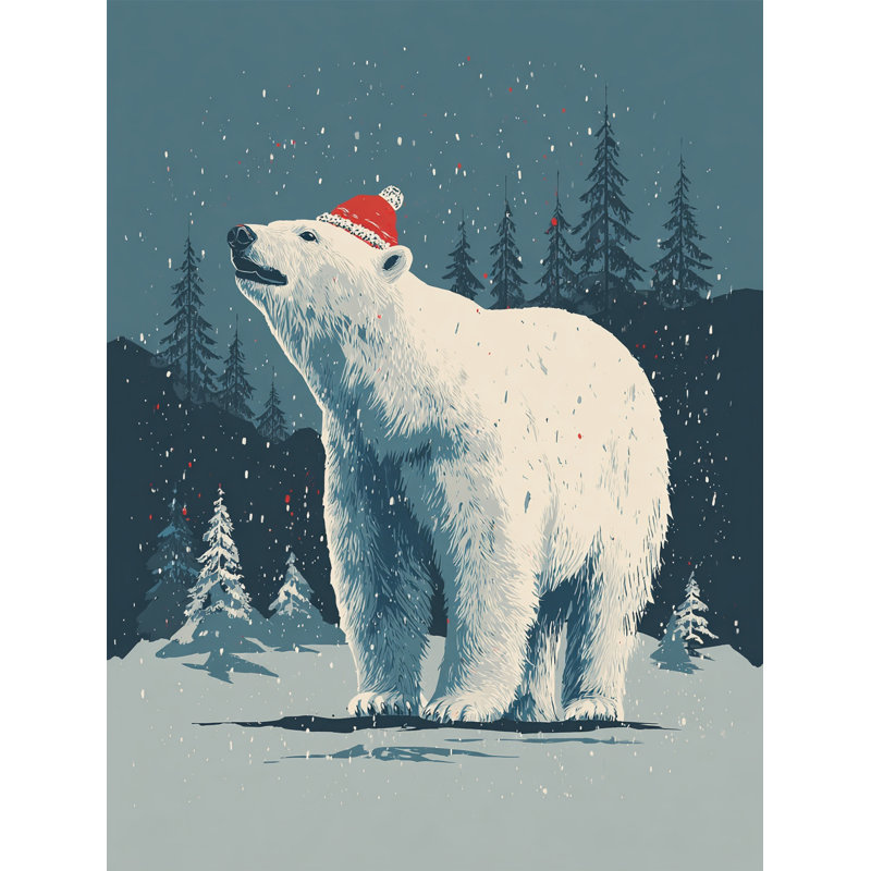 Hiver, ours polaire au chapeau rouge, art mural, H 24 po x l 16 po