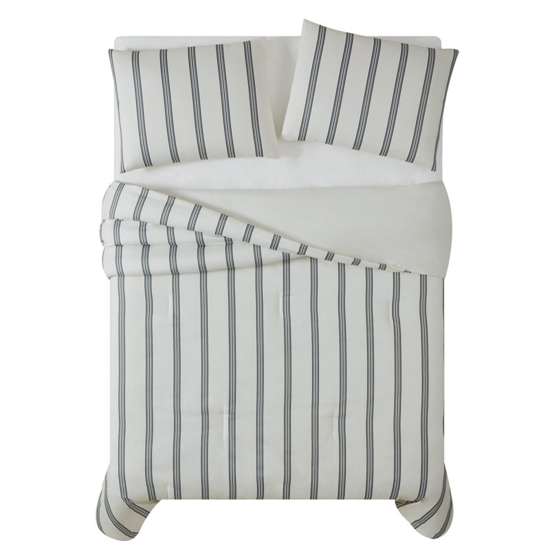 Ivory and Black Striped Microfiber Queen Comforter Set