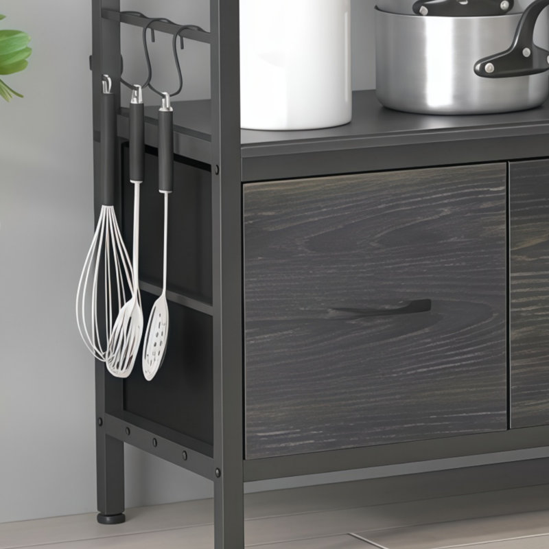 5-Tier Freestanding Metal Storage Rack With Integrated Microwave Rack, Hooks And Baskets, Perfect For Kitchen Organization.