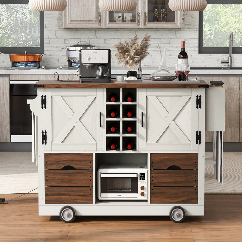 Îlot de cuisine style campagne, panneau de fibres à densité moyenne blanc avec abattant, rangement mobile pour la salle à manger