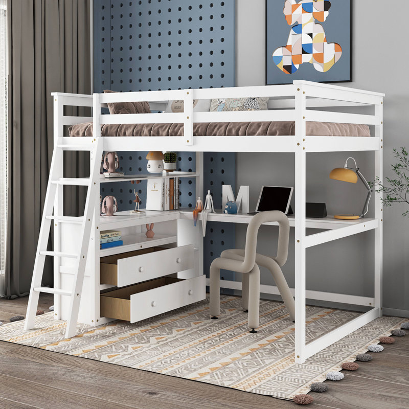 Lit mezzanine double en bois massif avec bureau intégré Gonsoulin par Harriet Bee, Blanc